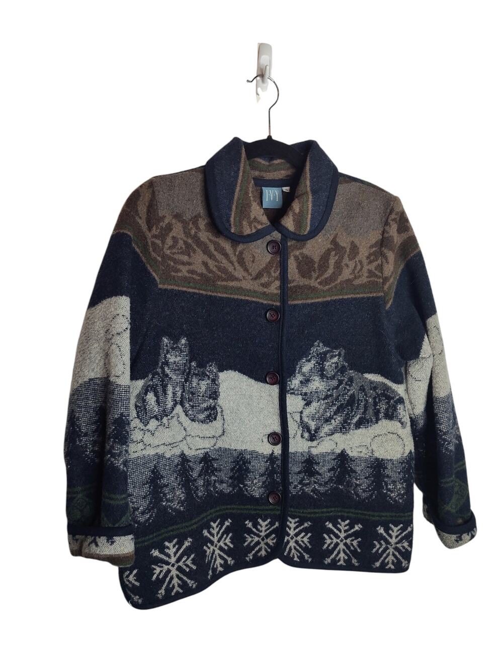 Vintage 90s IVY Wool Blend Wolf Fair Isle Cardigan Button size S